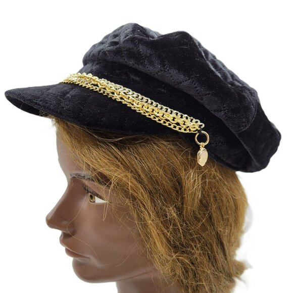 Vince Camuto Black Quilted Velvet Baker Boy Hat W/ Gold Chain Accent NWT - Picture 12 of 14